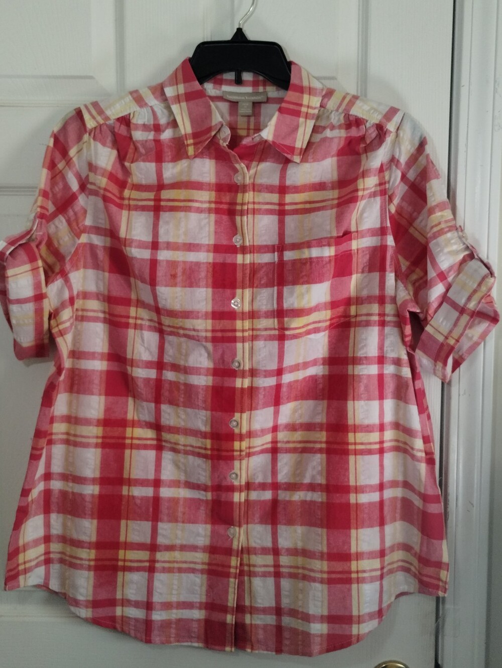Woman Within Pink and Yellow Plaid Button-Down Shirt